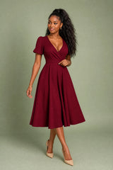 V-Neck Wrap Puff-Sleeve Dress