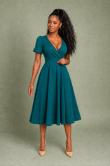 V-Neck Wrap Puff-Sleeve Dress