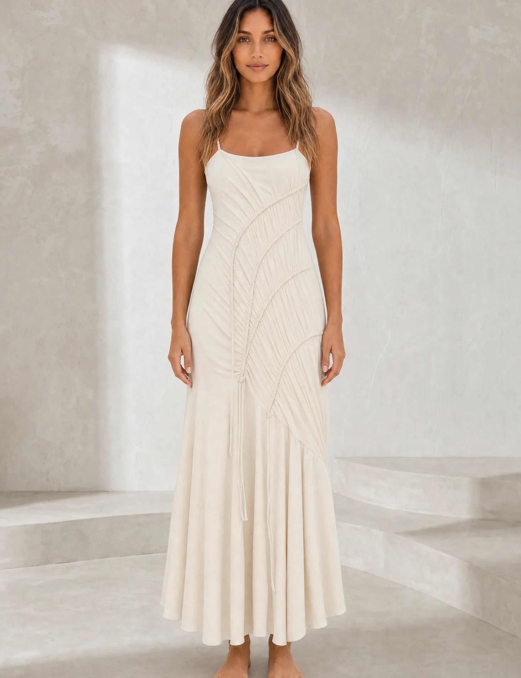 Robe longue abricot à bretelles froncée | Lounelle Paris