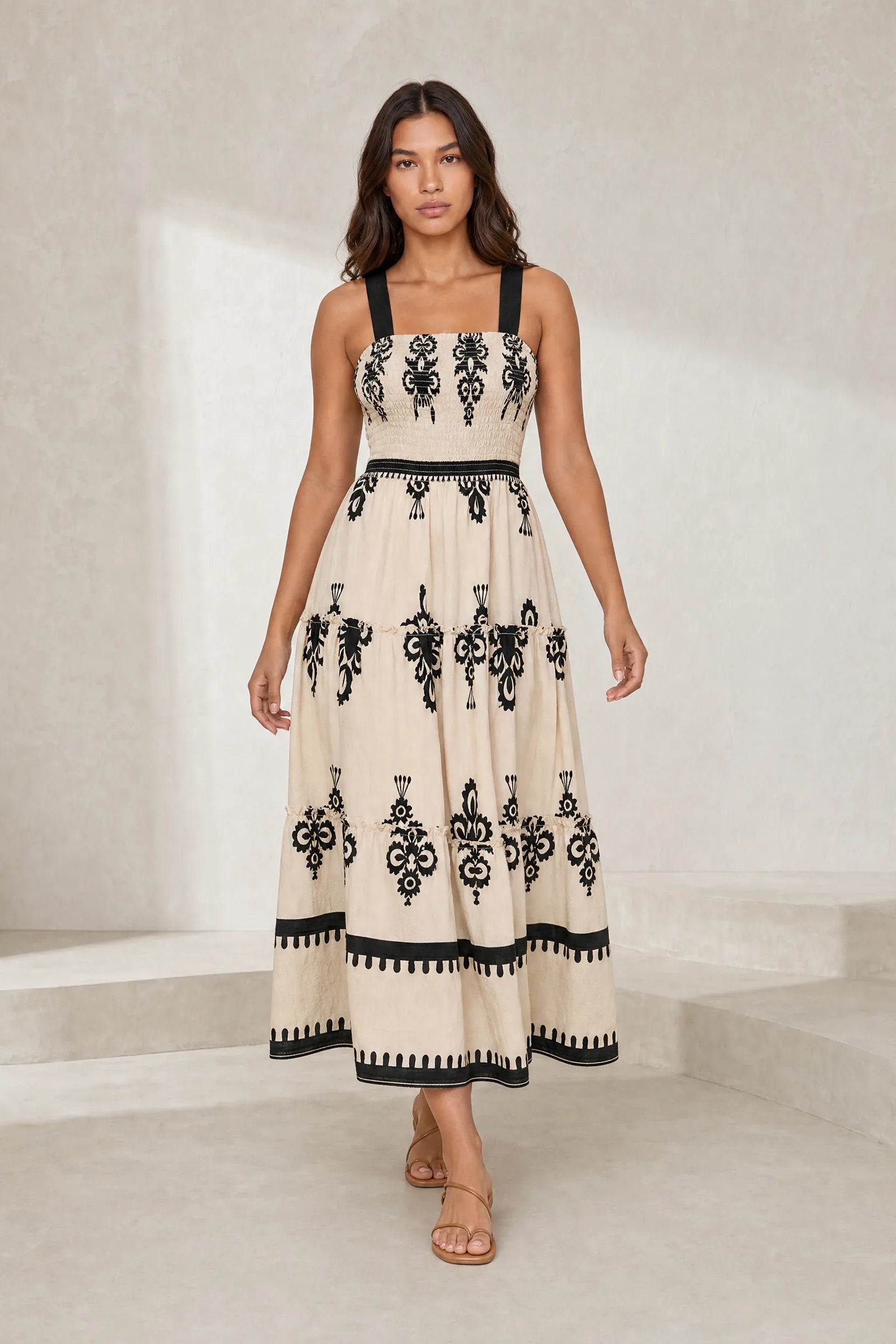 Robe longue abricot imprimée smockée | Lounelle Paris