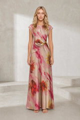 Robe longue beige rosé imprimée