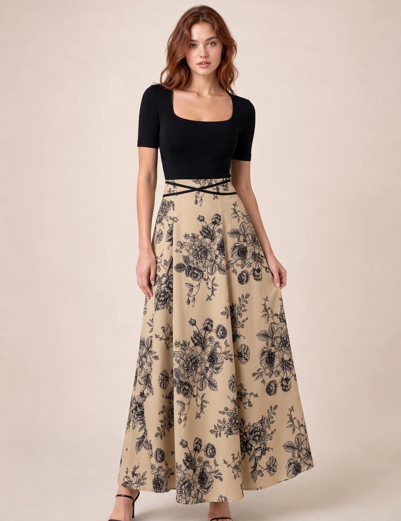 Robe longue bicolore col carré | Variante Beige | Lounelle Paris