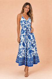 Robe longue blanche col V imprimée | Vue en mouvement | Lounelle Paris
