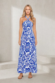 Robe longue bleue col halter dos nu | Lounelle Paris