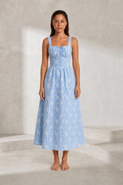 Robe longue bleue encolure carrée dos smocké | Lounelle Paris