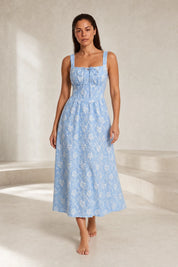 Robe longue bleue encolure carrée dos smocké | Lounelle Paris