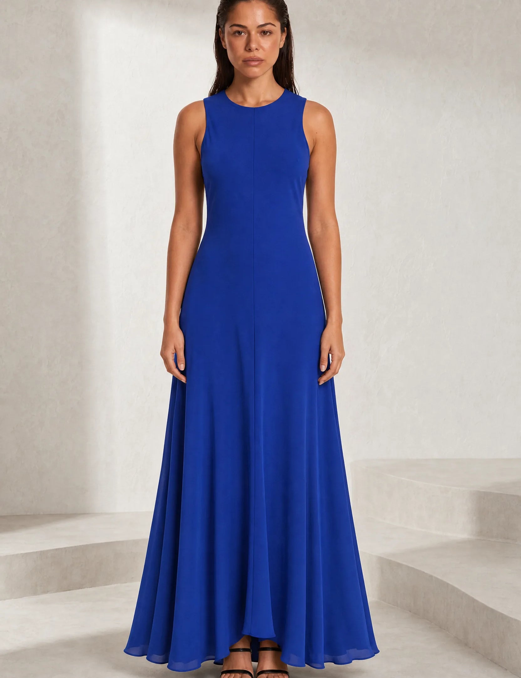 Robe longue bleue fluide sans manches | Lounelle Paris