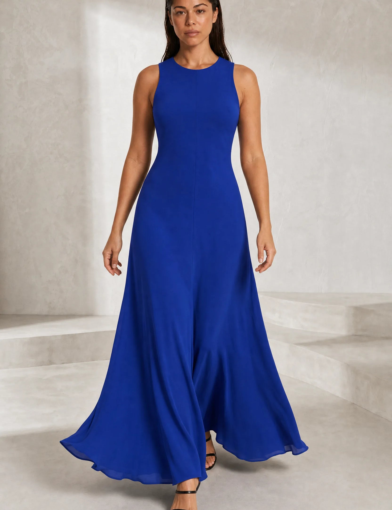 Robe longue bleue fluide sans manches | Lounelle Paris
