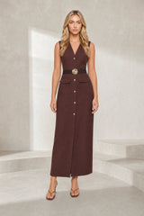 Robe longue col V ceinturée