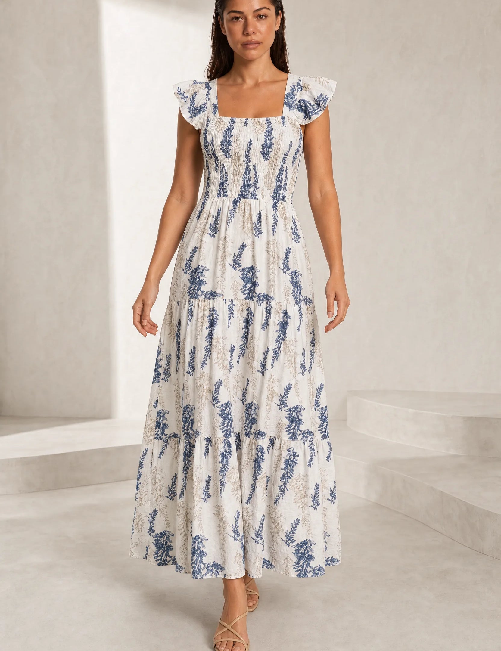 Robe longue écru imprimé floral encolure carrée | Lounelle Paris
