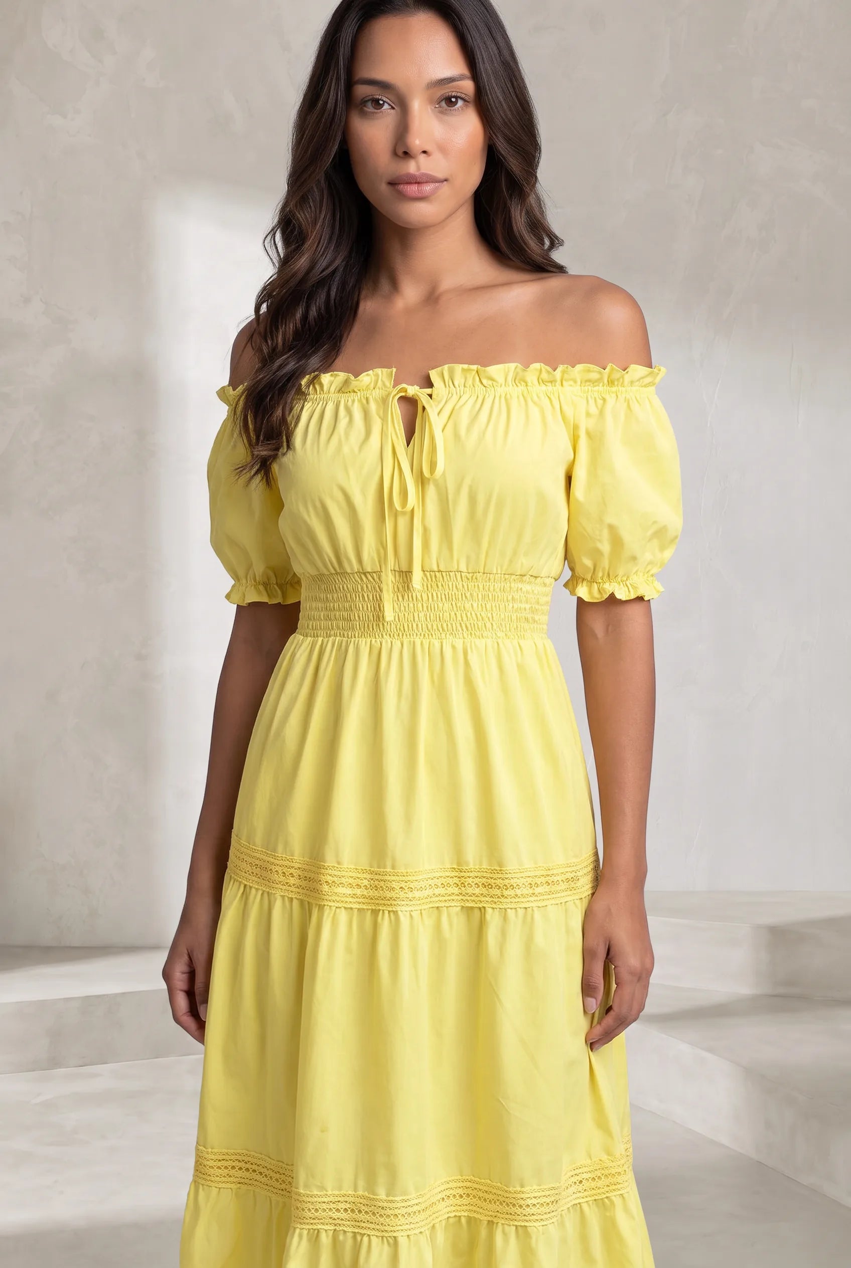 Robe longue jaune épaules dénudées | Lounelle Paris