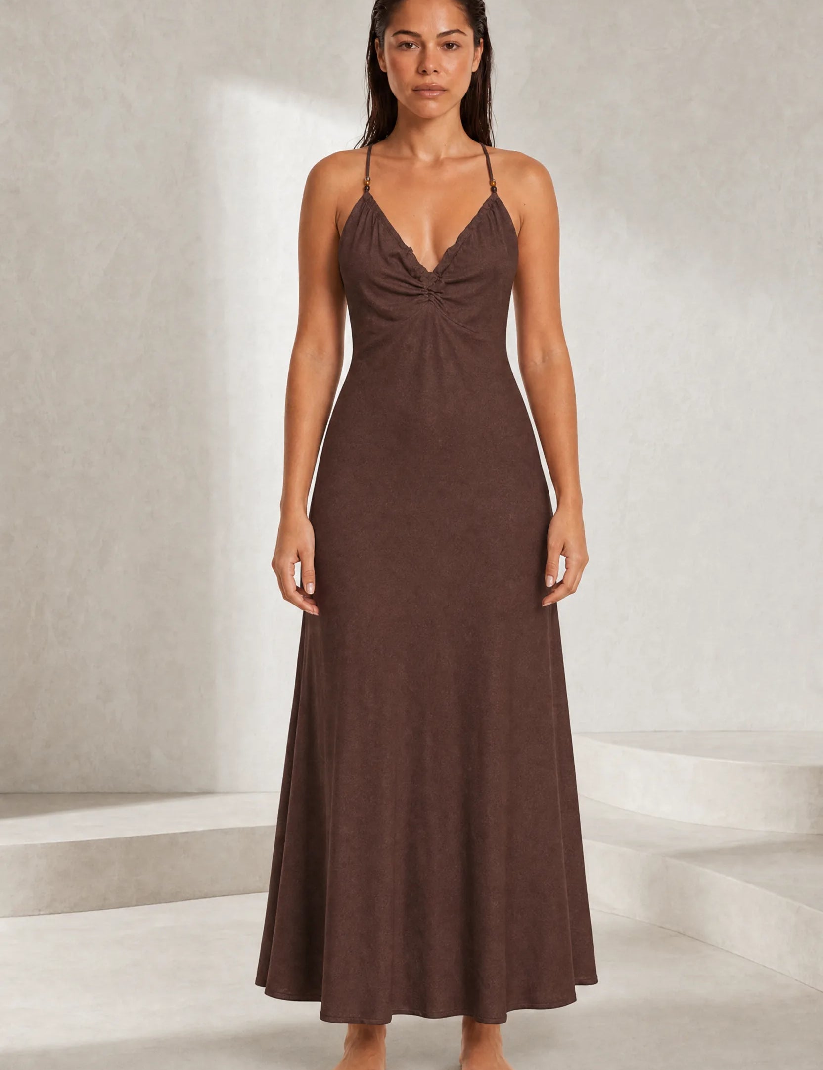 Robe longue marron bretelles croisées | Lounelle Paris