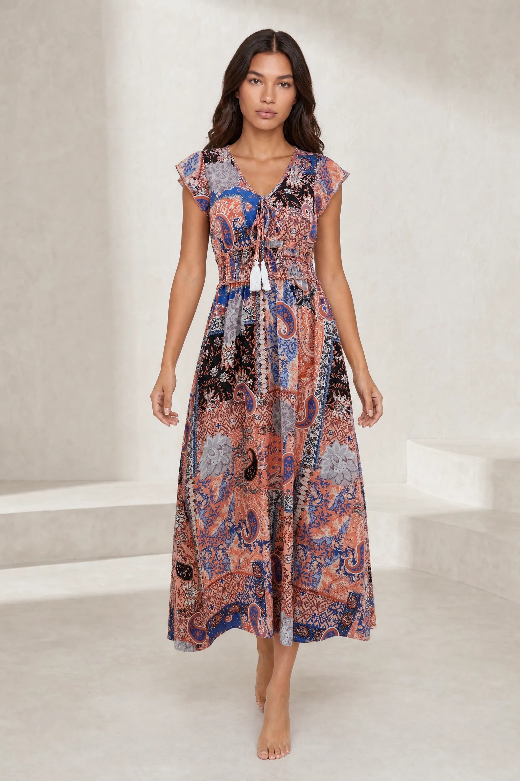 Robe longue marron col V | Lounelle Paris