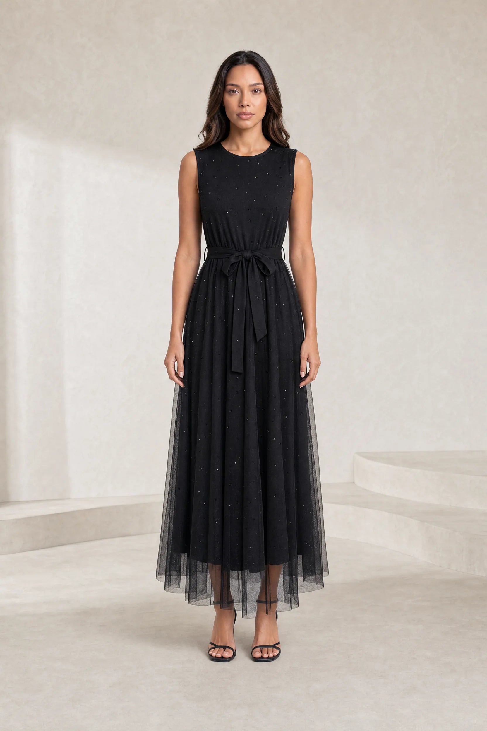 Robe longue noire tulle taille nouée | Lounelle Paris