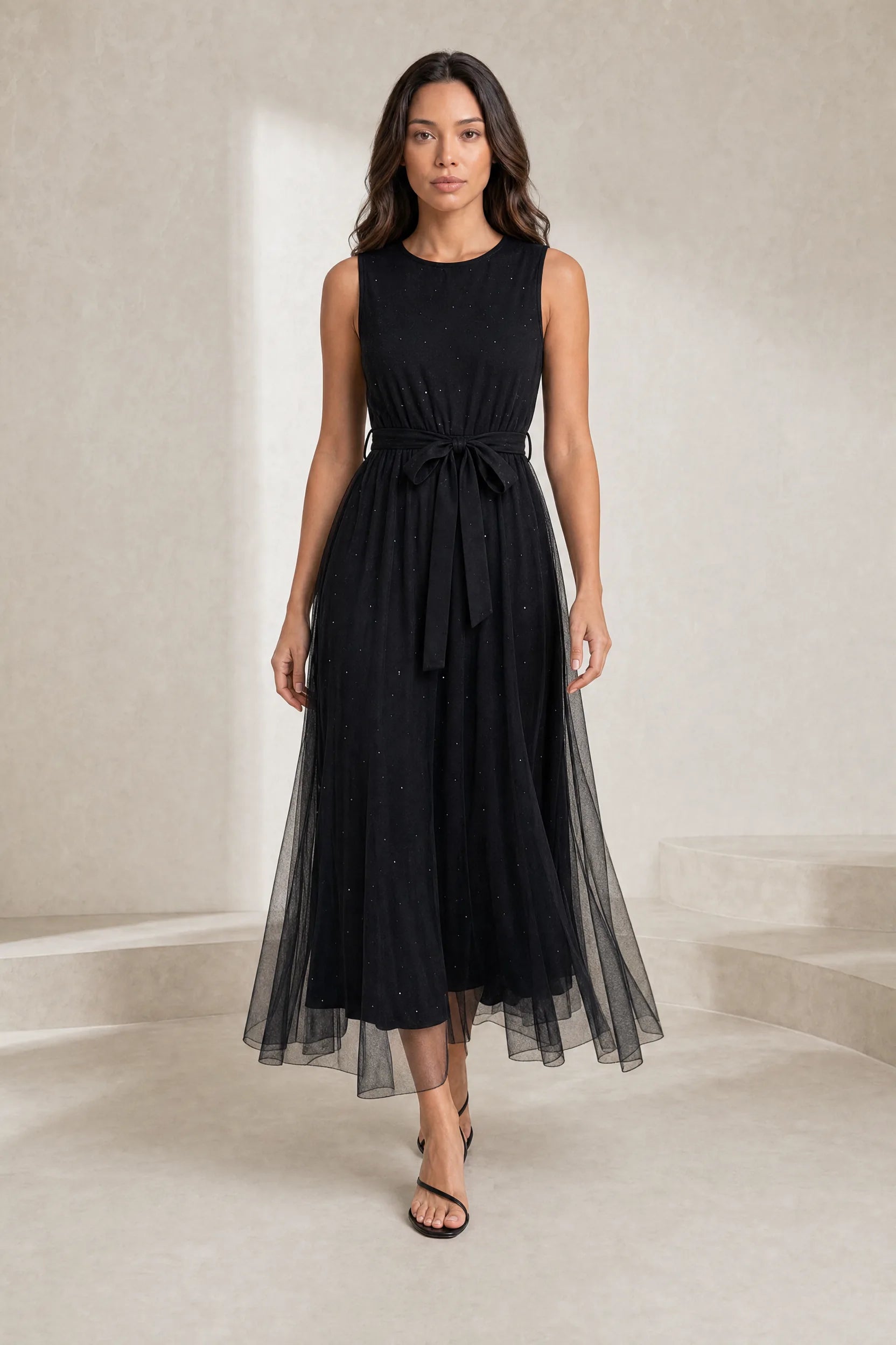 Robe longue noire tulle taille nouée | Lounelle Paris