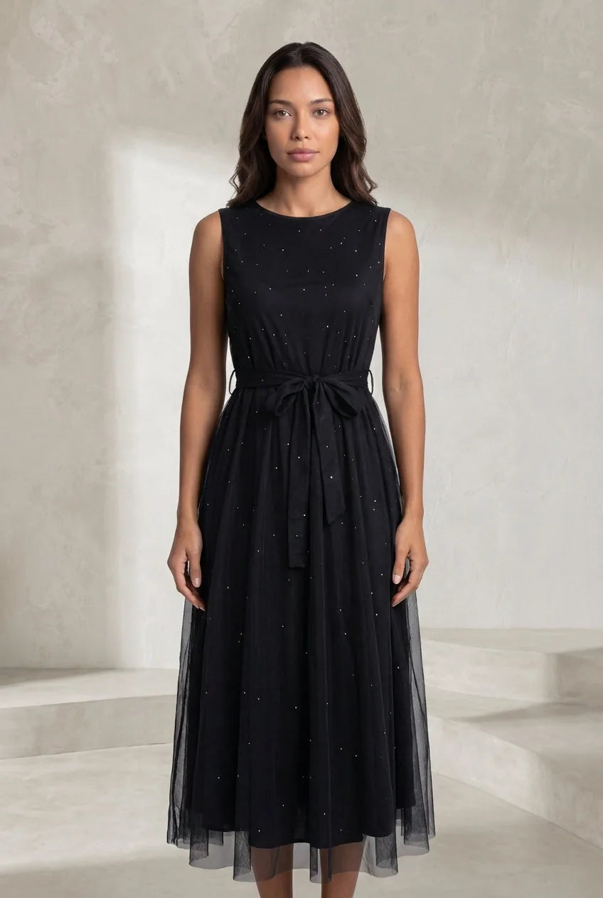 Robe longue noire tulle taille nouée | Lounelle Paris