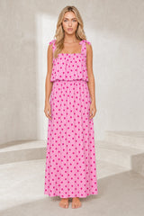 Robe longue rose à pois