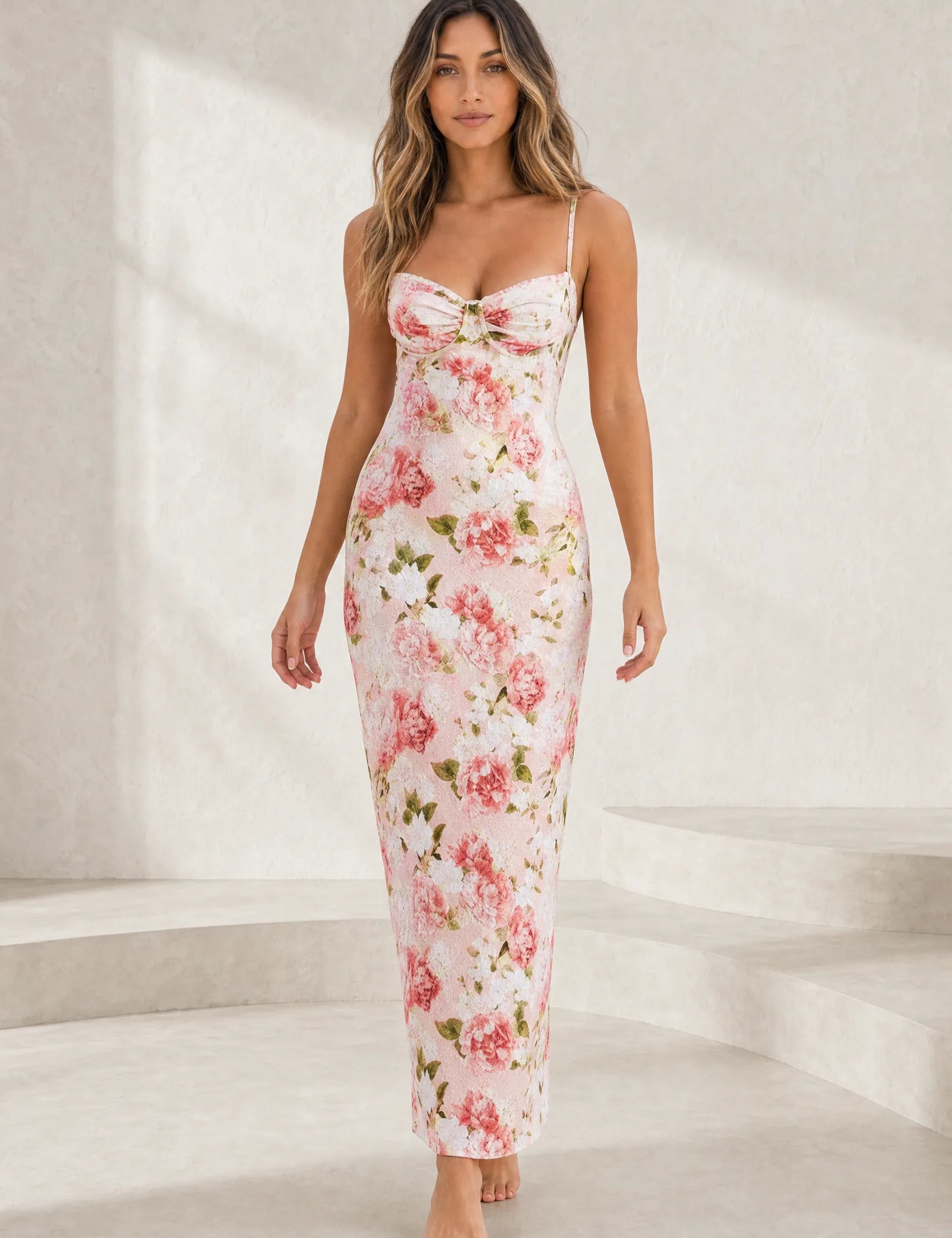 Robe longue rose imprimée dos nu | Lounelle Paris