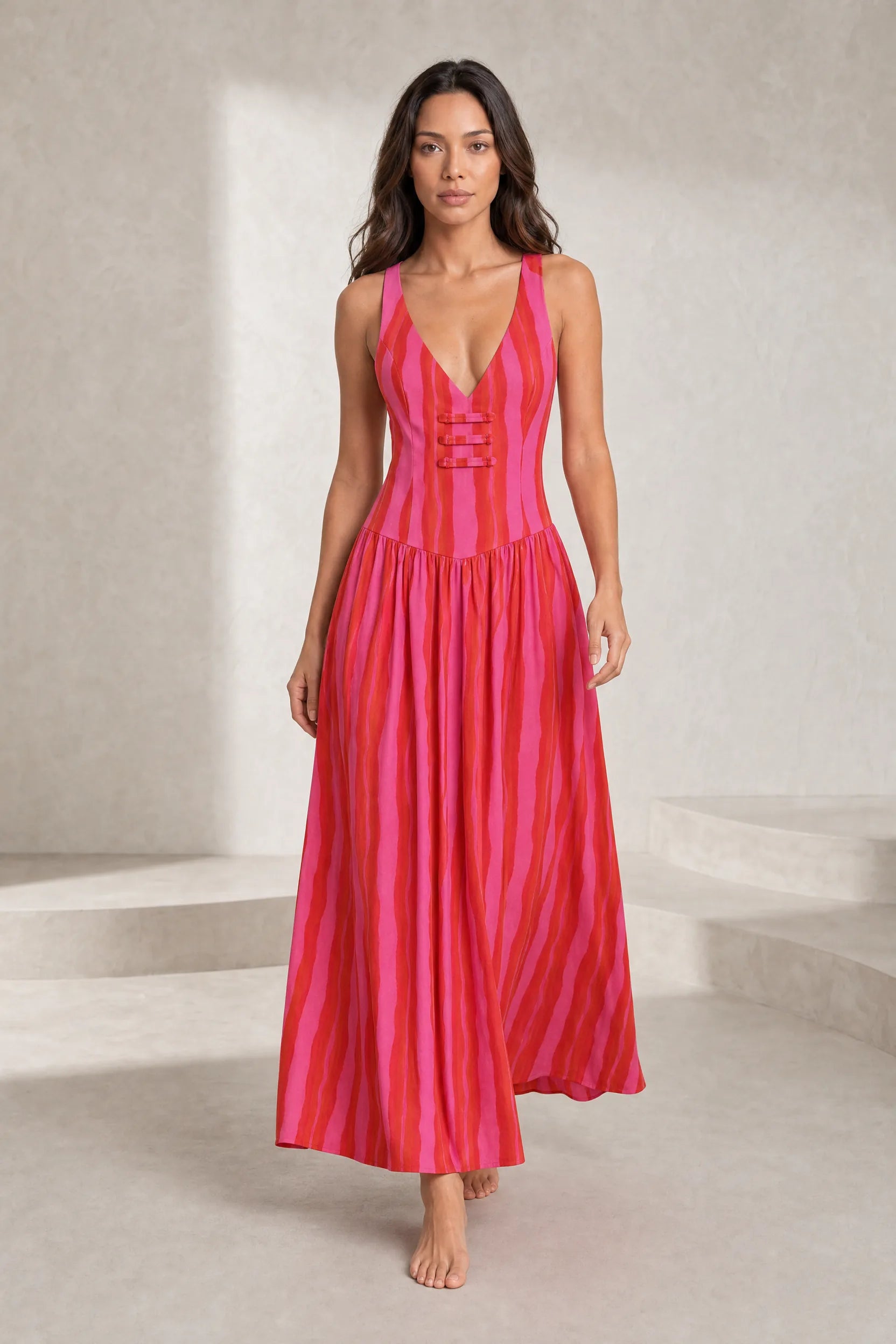 Robe longue rose rayée dos ouvert | Lounelle Paris