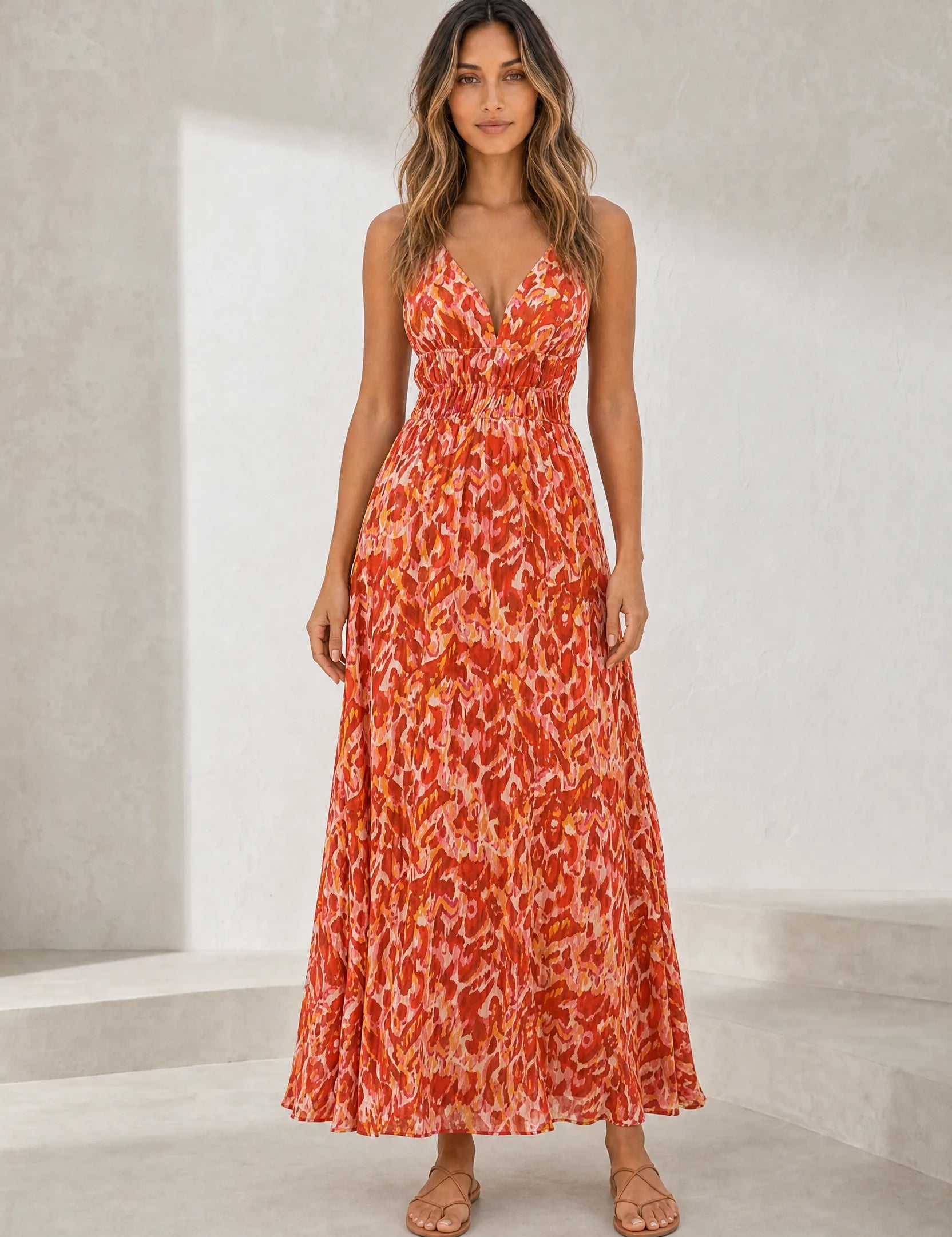 Robe longue rouge col V dos nu | Lounelle Paris