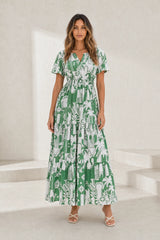 Robe longue verte imprimée col V