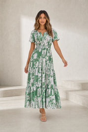Robe longue verte imprimée col V | Lounelle Paris