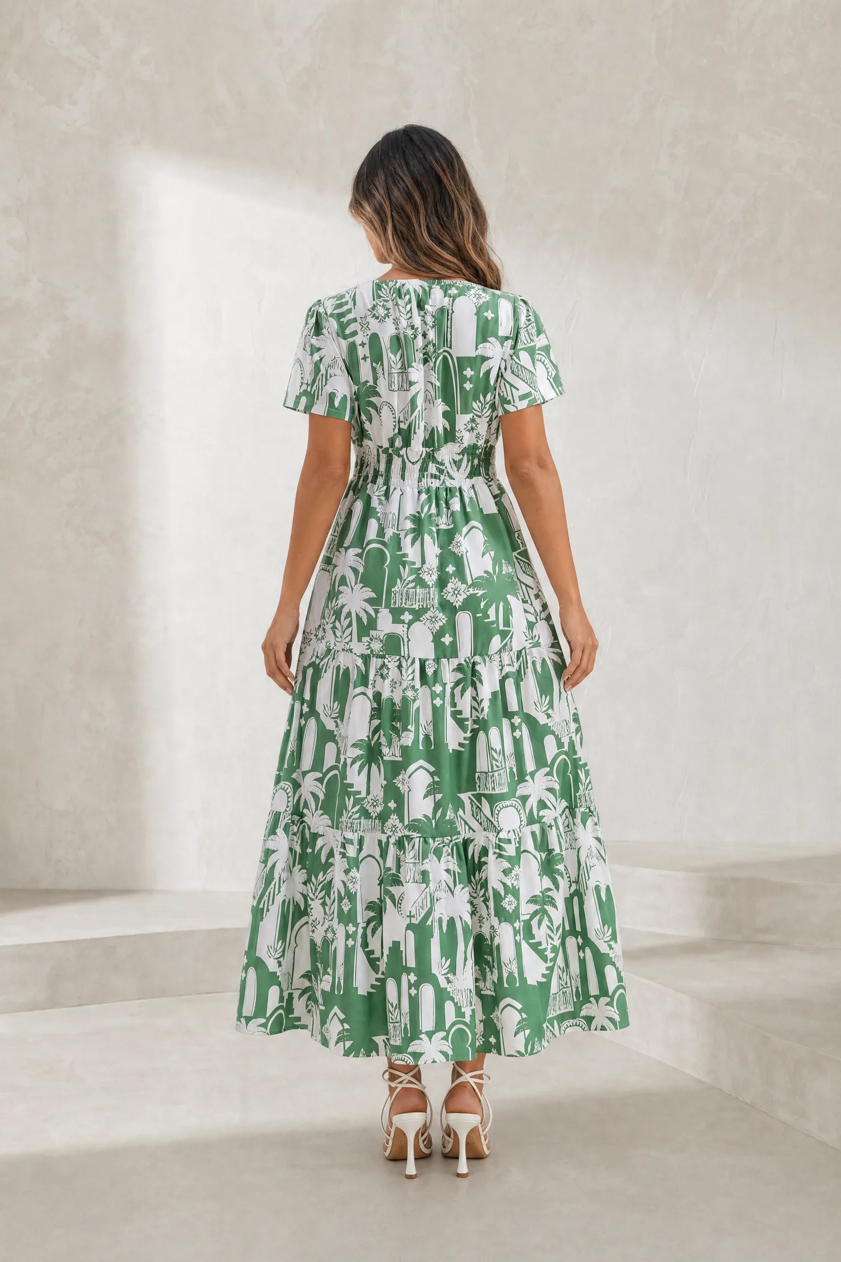 Robe longue verte imprimée col V | Lounelle Paris