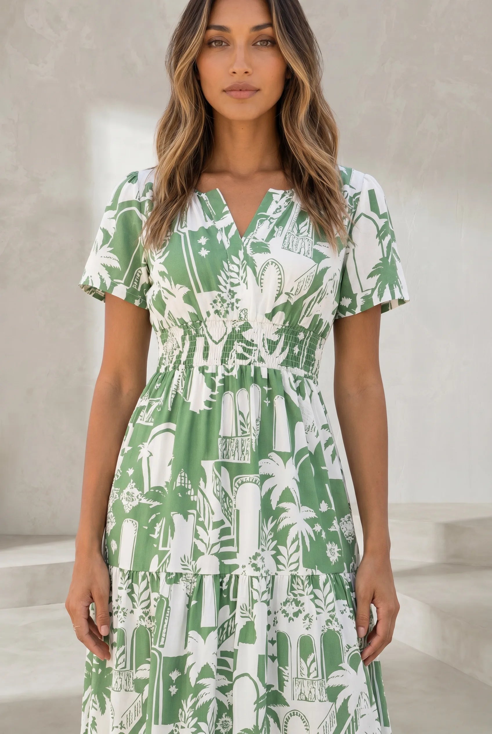 Robe longue verte imprimée col V | Lounelle Paris