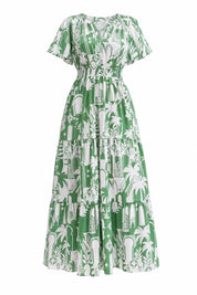 Robe longue verte imprimée col V | Lounelle Paris