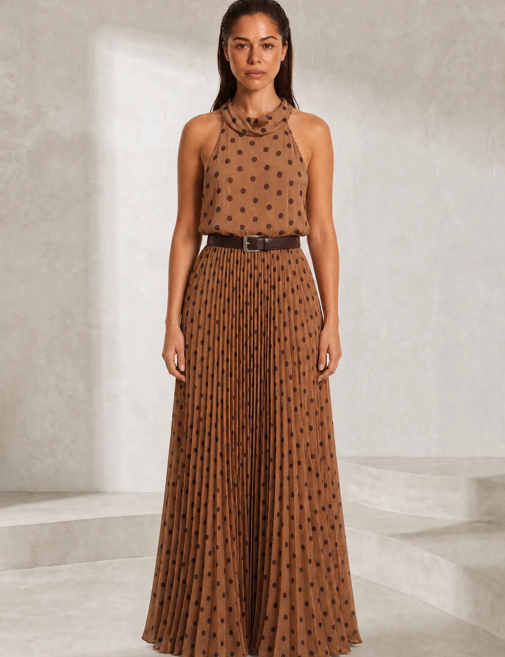 Robe marron à pois col licou | Lounelle Paris