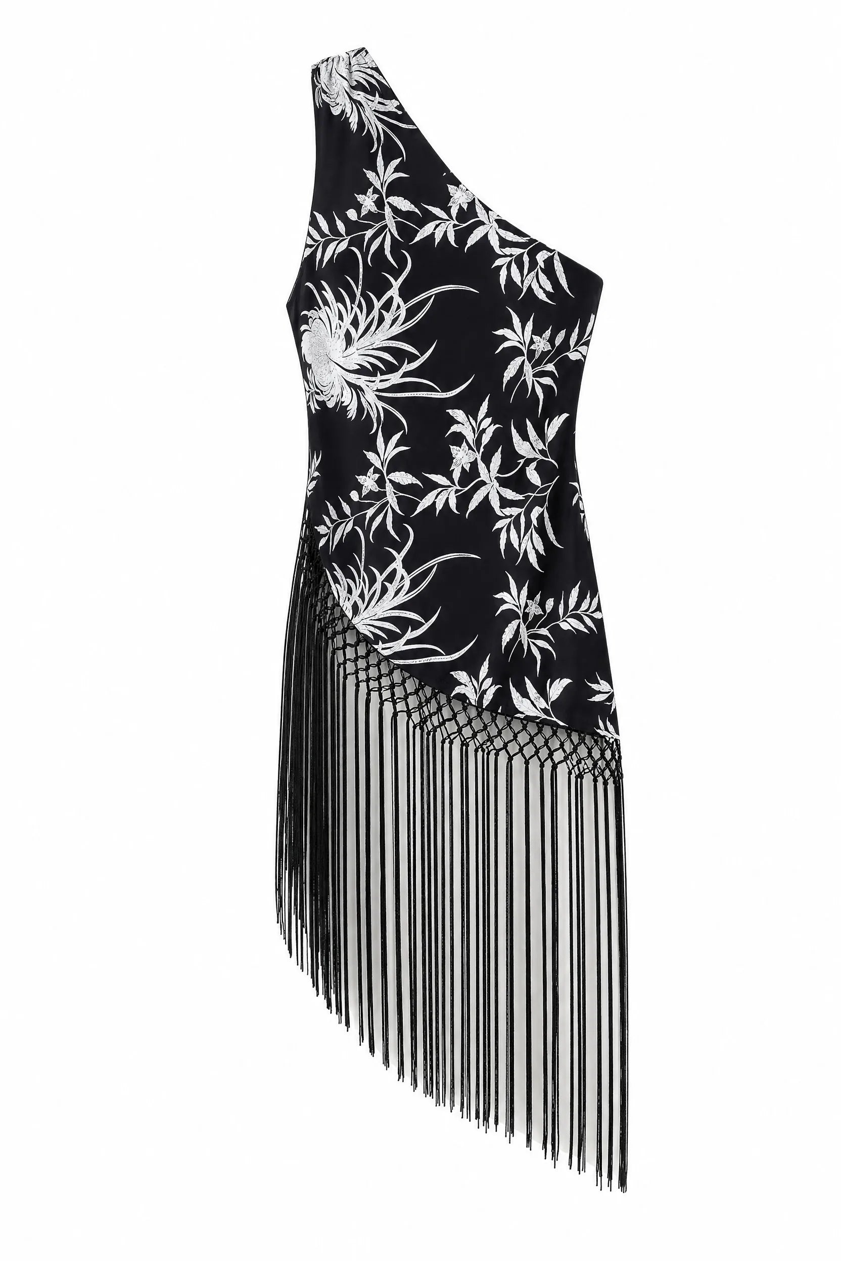 Robe noire asymétrique à franges | Lounelle Paris