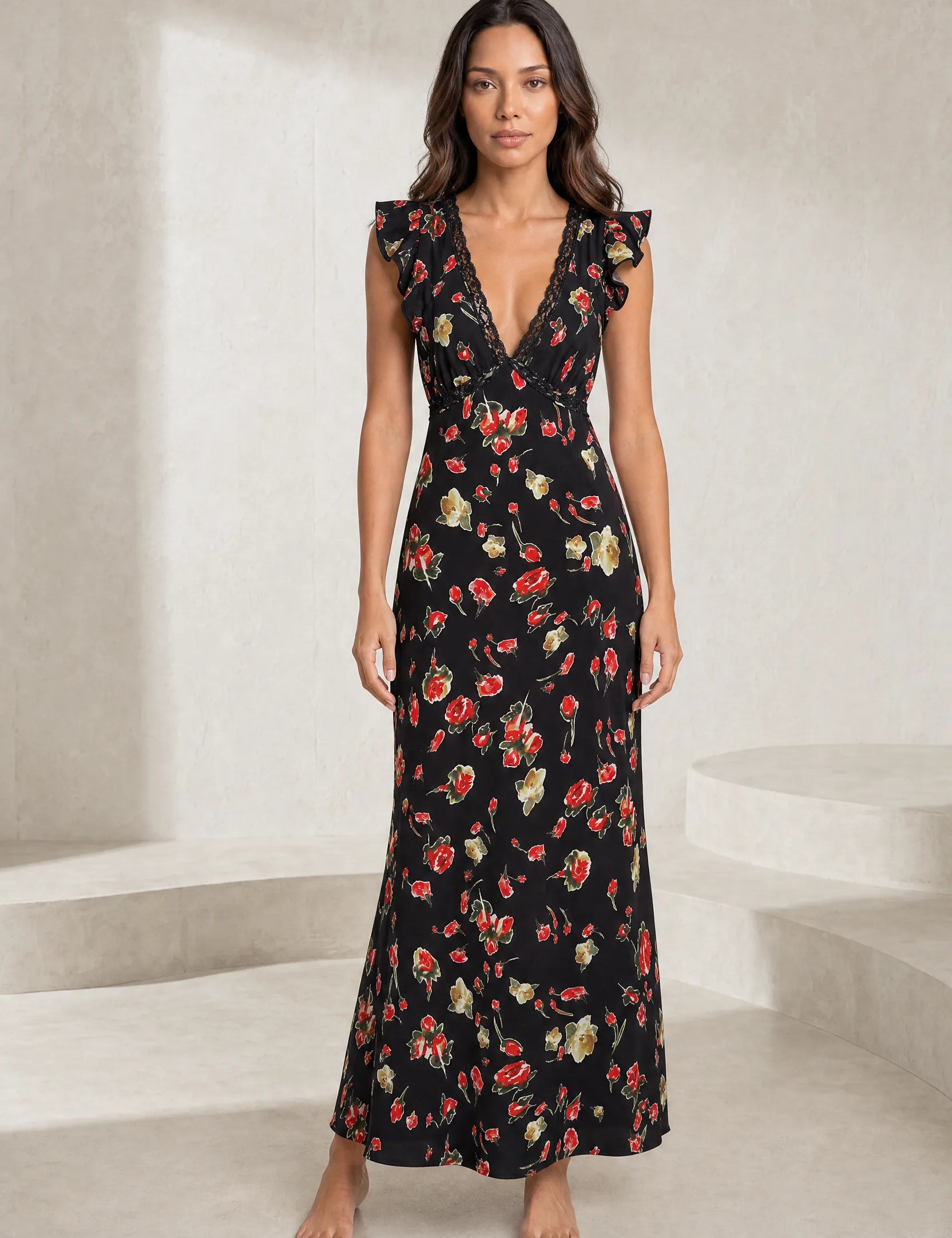 Robe noire florale à volants | Lounelle Paris