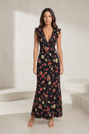 Robe noire florale à volants | Lounelle Paris