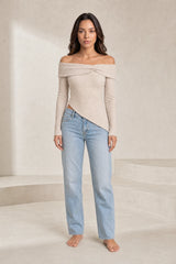 Top beige épaules dénudées asymétrique