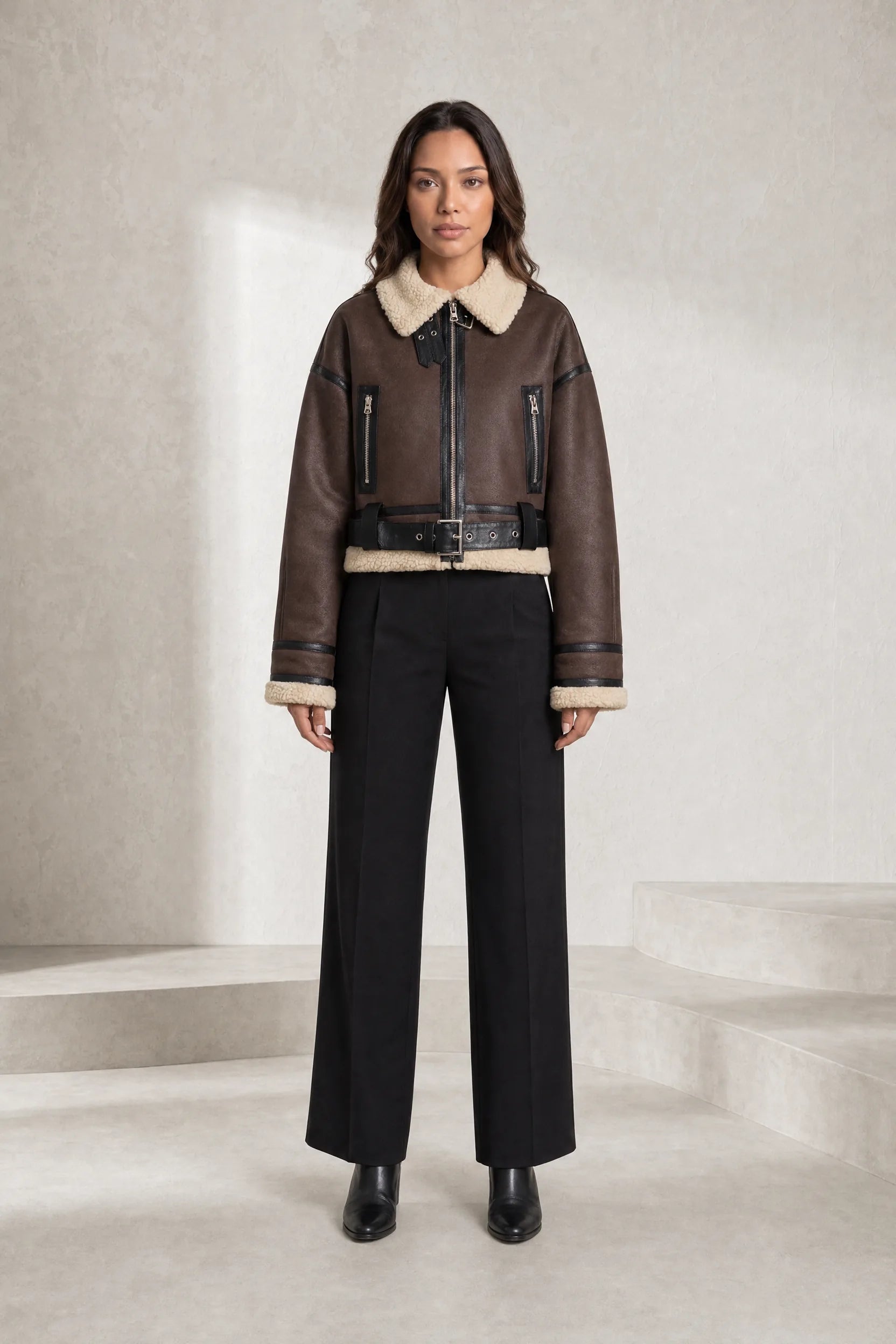 Veste courte effet moutonné à ceinture | Lounelle Paris