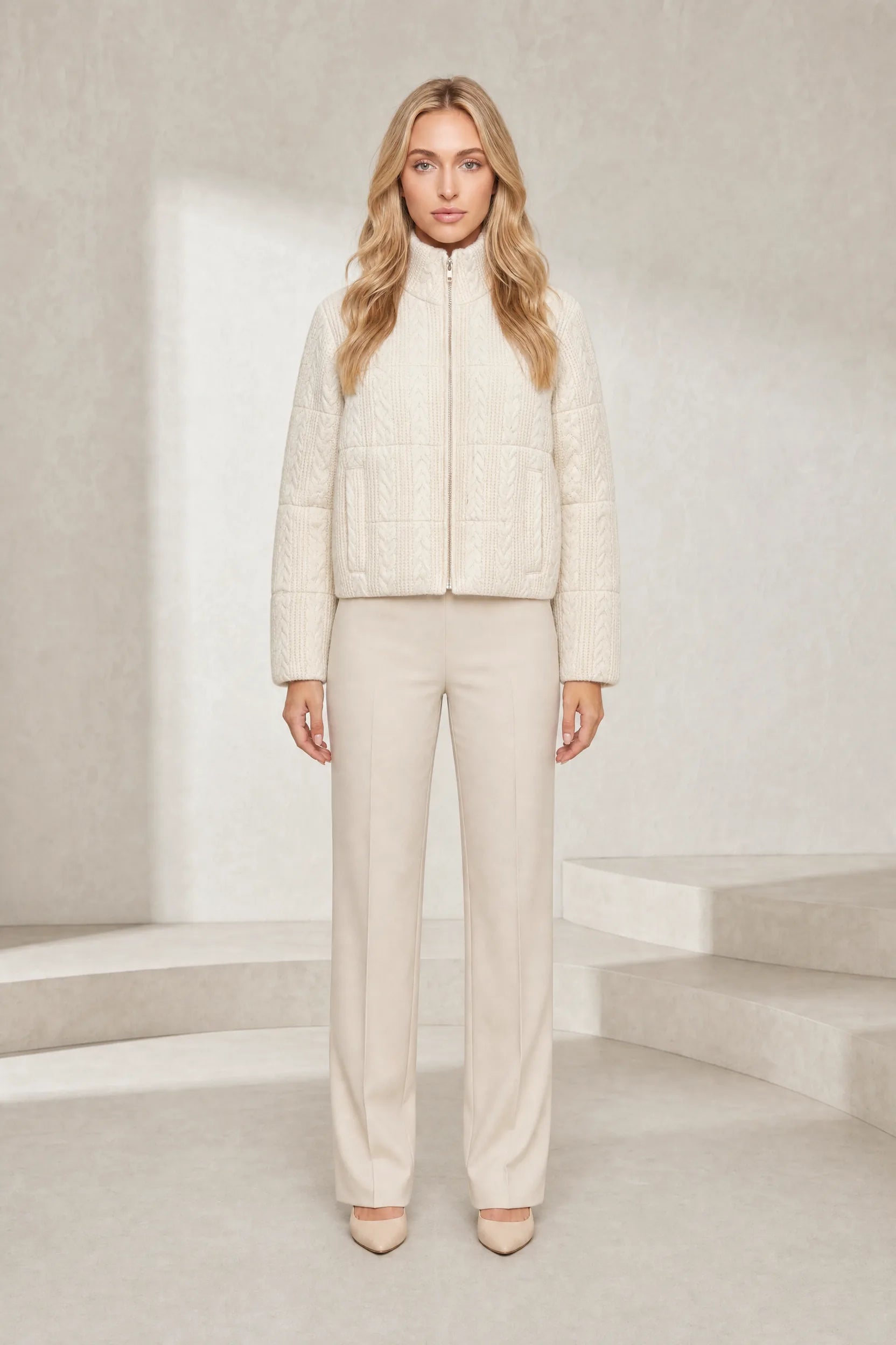 Veste maille beige col montant | Lounelle Paris